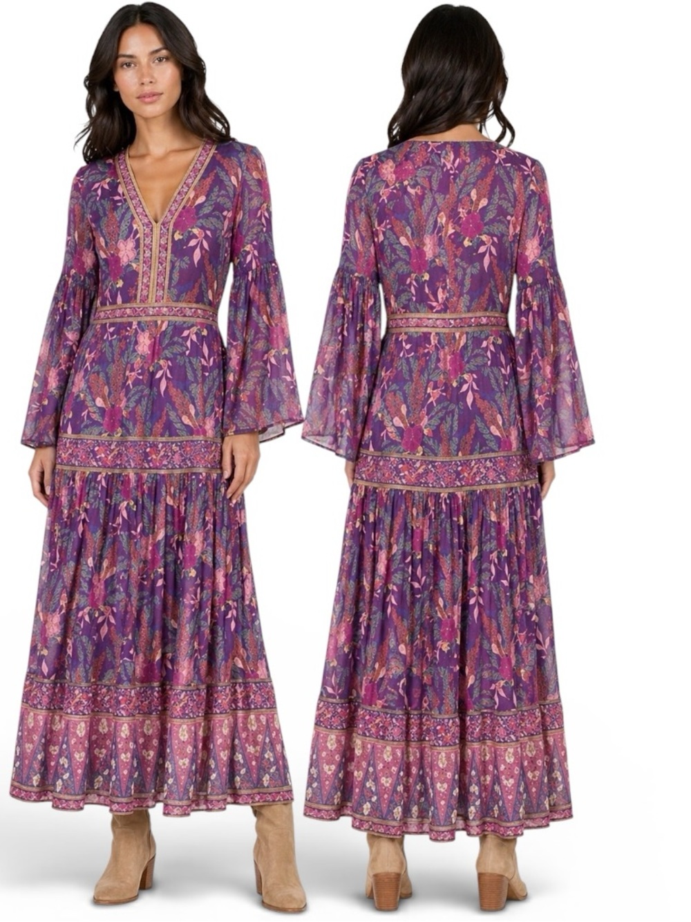 Spell & The Gypsy Bianca Maxi Dress Wisteria Purple Boho Floral Bell Sleeve XS